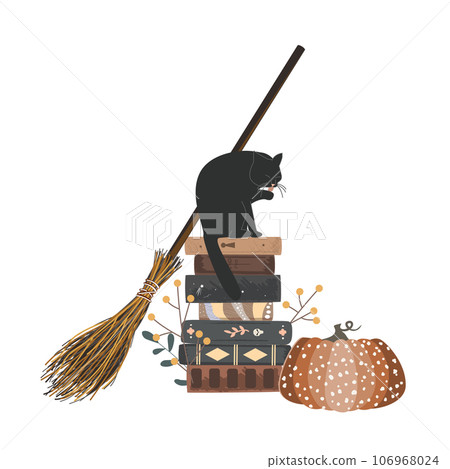 Autumn Halloween composition with a cat, pumpkin, witch hat, books, and a broomstick. Vector isolated illustration. Autumn Halloween composition with a cat, pumpkin, witch hat, books, and a broomstick. Vector isolated illustration. 106968024
