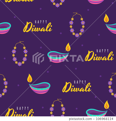 Diwali seamless pattern. Cute background for hindu holiday. Indian festival of lights. Vector illustration in flat cartoon style. Perfect for fabric, package paper, wallpaper, greeting cards 106968114