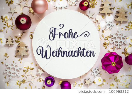 Text Frohe Weihnachten, Means Merry Christmas, Purple Flatlay Christmas Decor Text Frohe Weihnachten, Means Merry Christmas, Purple Flatlay Christmas Decor 106968212