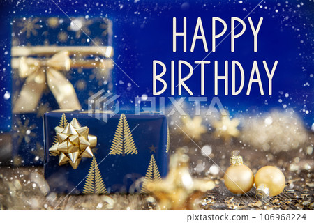 Text Happy Birthday, Christmas Presents, Gold, Blue Winter Decoration Text Happy Birthday, Christmas Presents, Gold, Blue Winter Decoration 106968224