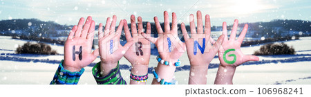 Children Hands Building Word Hiring, Winter Background 106968241