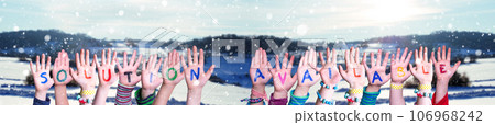 Children Hands Building Word Solution Available, Winter Background Children Hands Building Word Solution Available, Winter Background 106968242