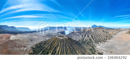 Aerial view panorama of Amazing Mount Bromo volcano during sunrise from king kong viewpoint on Mountain Penanjakan in Bromo Tengger Semeru National Park,East Java,Indonesia.Nature landscape background 106968292