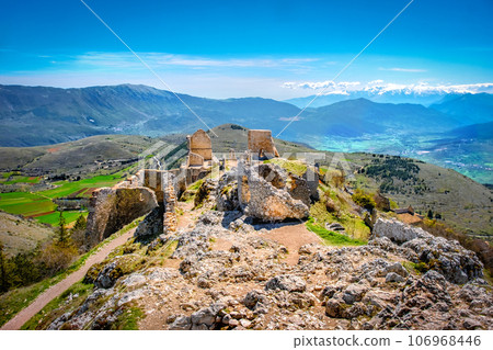 Panoramic view over Rocca Calascio in Abruzzo Gran Sasso National Park - Italy 106968446