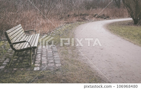 Lonely old wooden bench in a park 106968480