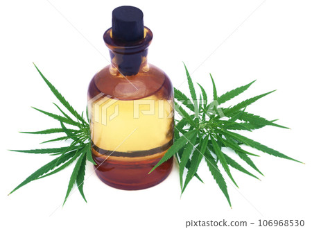 Medicinal cannabis leaves with extract oil in a bottle Medicinal cannabis leaves with extract oil in a bottle 106968530