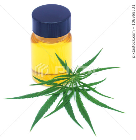 Medicinal cannabis leaves with extract oil in a bottle 106968531