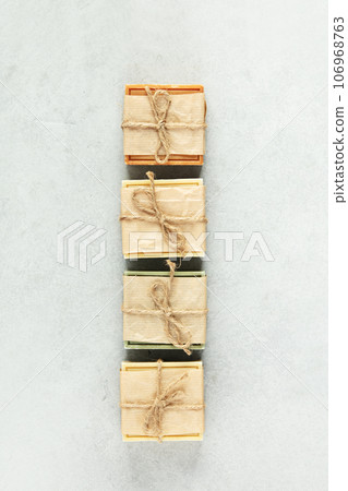 Bars of natural handmade soap, top view 106968763