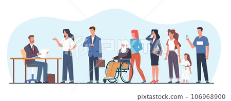 Waiting line of people to an official or secretary, men and women in queue handing over documents. File clerk or receptionist, administrator. Cartoon flat style isolated vector concept 106968900
