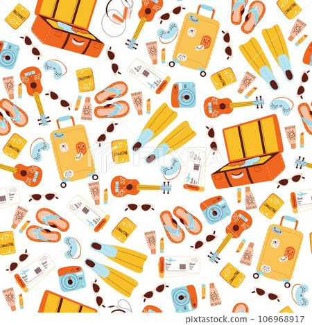 Seamless pattern with items for vacation trip. Summer tourism background. Beach resort. Tourist baggage. Voyage luggage. Decor textile, wrapping paper, wallpaper. Print for fabric vector concept 106968917