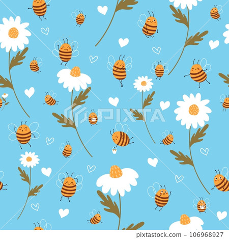 Seamless pattern with bees and daisies. Yellow cute striped insect and white chamomile. Happy honeybee characters. Decor textile, wrapping paper, wallpaper design. Vector concept 106968927
