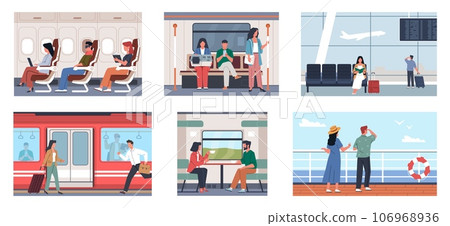 Passenger characters. People travel by train, bus and subway, public transport interior, persons standing and sitting. Urban transportation cartoon flat style isolated nowaday vector set Passenger characters. People travel by train, bus and subway, public transport interior, persons standing and sitting. Urban transportation cartoon flat style isolated nowaday vector set 106968936