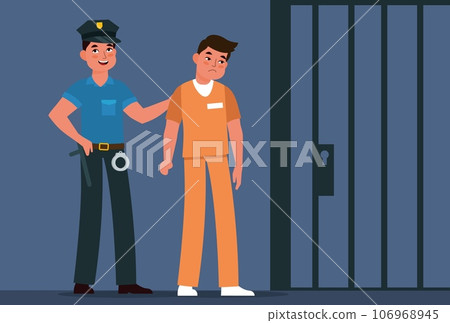 Jailer leads convict to prison cell. Policeman and prisoner in handcuff near jail. Jailhouse cage lattice. Punishment system. Cartoon flat style vector imprisoning lawbreakers concept Jailer leads convict to prison cell. Policeman and prisoner in handcuff near jail. Jailhouse cage lattice. Punishment system. Cartoon flat style vector imprisoning lawbreakers concept 106968945