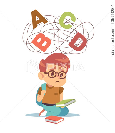 Concept of dyslexia, young boy has learning difficulties. Little child try to read, flying messed letters above. Disorder and understanding problem. Vector cartoon flat isolated illustration 106968964