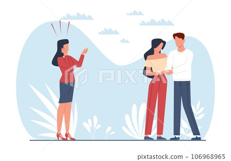 Concept of deception and cheating, girl watches her lover embrace another woman. Fake romantic relationships. Love triangle. Angry wife and happy couple, vector cartoon flat isolated illustration 106968965