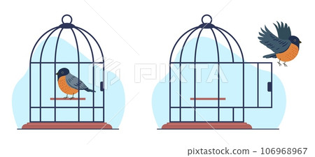 Concept of captivity and freedom, bird sits in cage and bird flies out of cage. Mental health issues, rehabilitation, taking new opportunities metaphor. Vector cartoon flat isolated illustration Concept of captivity and freedom, bird sits in cage and bird flies out of cage. Mental health issues, rehabilitation, taking new opportunities metaphor. Vector cartoon flat isolated illustration 106968967