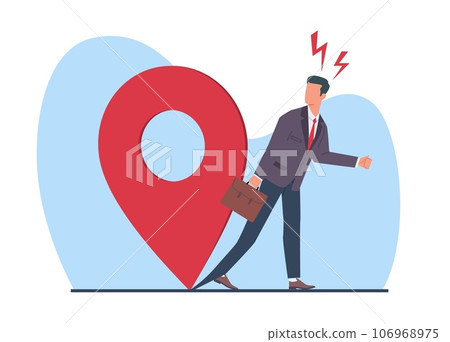 Businessman, manager, or employee chained to place, office work, job dependence. Huge red map pin. Male workaholic character, hard worker. Cartoon flat style isolated vector concept 106968975