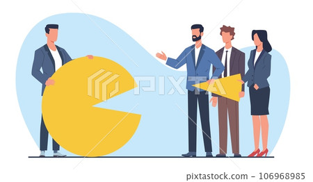 Business gaining larger market share, businessman holds most of chart. Earn high percentage, economic financial profit. Successful company. Cartoon flat style isolated vector concept Business gaining larger market share, businessman holds most of chart. Earn high percentage, economic financial profit. Successful company. Cartoon flat style isolated vector concept 106968985