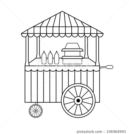 Street fast food cart. Street food truck selling hot dogs. Linear icon. Hand drawn doodle illustration. 106968993