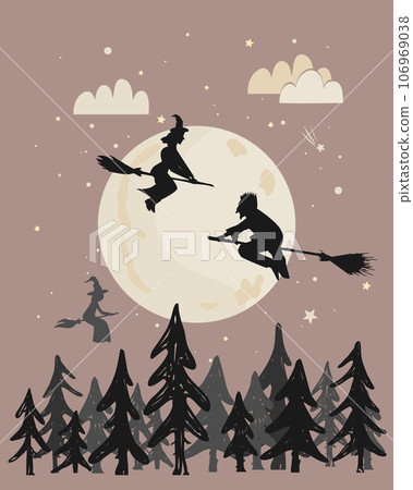 Black silhouette of a young witches and wizards flying on broom above the forest in the night sky. Vector clip art for Halloween Party. Black silhouette of a young witches and wizards flying on broom above the forest in the night sky. Vector clip art for Halloween Party. 106969038