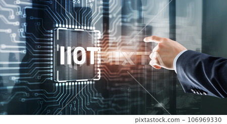 IOT Internet of things. Tapping on the inscription. Smart city and communication network telecommunication 106969330