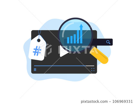 Video Keyword Research concept. Optimize video channel media content for search engine. Find Most Popular Keywords and Tags. Vector illustration isolated on white background with icons Video Keyword Research concept. Optimize video channel media content for search engine. Find Most Popular Keywords and Tags. Vector illustration isolated on white background with icons 106969331