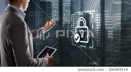 Businessman clicking on virtual screen Cyber Security Data Protection Business Privacy concept Businessman clicking on virtual screen Cyber Security Data Protection Business Privacy concept 106969334