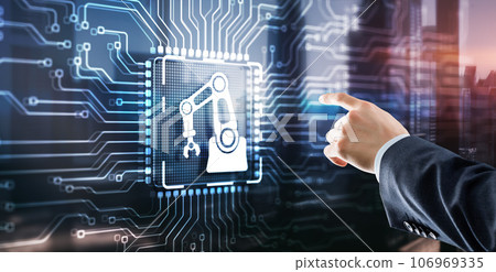 Man clicking on a virtual screen: Automation Software Innovation technology. Business process optimisation concept Man clicking on a virtual screen: Automation Software Innovation technology. Business process optimisation concept 106969335