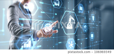 Hand pressing butto RPA icon Robotic Process Automation system. Artificial intelligence concept Hand pressing butto RPA icon Robotic Process Automation system. Artificial intelligence concept 106969349