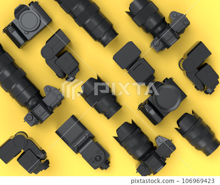 Top view of monochrome designer workspace and photography gear on yellow Top view of monochrome designer workspace and photography gear on yellow 106969423