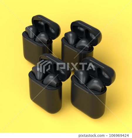 Set of monochrome wireless bluetooth headphones in charging case on yellow 106969424