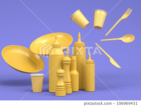 Set of disposable utensils like plate, folk, spoon,knife, cup and pepper mill 106969431