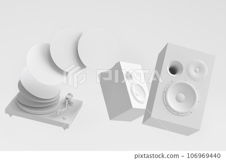 Set of Hi-fi speakers and DJ turntable for sound recording studio on monochrome Set of Hi-fi speakers and DJ turntable for sound recording studio on monochrome 106969440