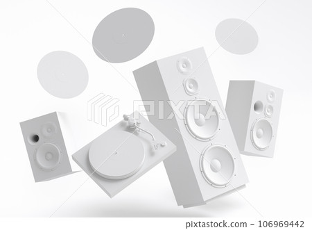 Set of Hi-fi speakers and DJ turntable for sound recording studio on monochrome 106969442