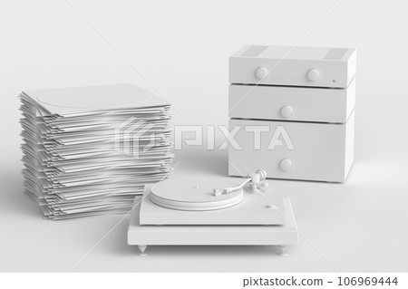 Set of Hi-fi speakers and DJ turntable with vinyl LP record on heap of covers Set of Hi-fi speakers and DJ turntable with vinyl LP record on heap of covers 106969444