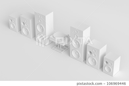 Set of Hi-fi speakers and DJ turntable for sound recording studio on monochrome 106969446