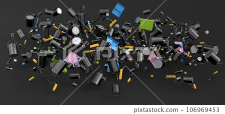 Many of flying metal cans or buckets with paint roller, brush on black 106969453