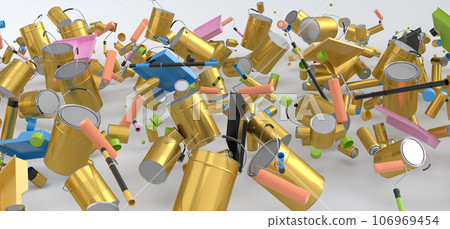 Many of flying metal cans or buckets with paint roller, brush on white 106969454