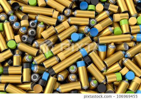 Pile of spray paint cans on black background. Spray bottle and dispenser Pile of spray paint cans on black background. Spray bottle and dispenser 106969455