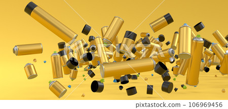 Lots of flying spray paint cans on yellow background. Spray bottle and dispenser 106969456