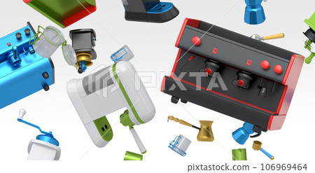 Many of flying espresso machine with horn, cups, geyser coffee maker and grinder 106969464