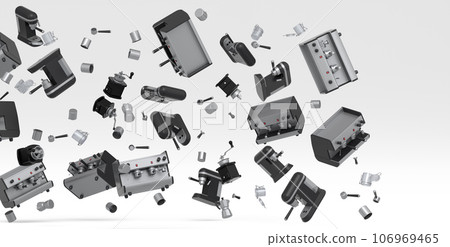 Many of flying espresso machine with horn, cups, geyser coffee maker and grinder 106969465