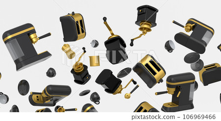 Many of flying espresso machine with horn, cups, geyser coffee maker and grinder 106969466
