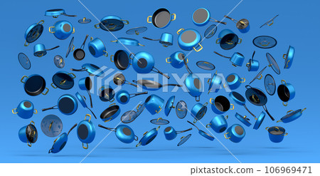 Many of flying frying pan with glass lid on blue background, non-stick Many of flying frying pan with glass lid on blue background, non-stick 106969471