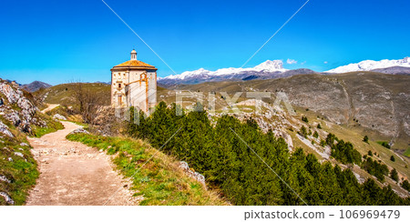 Santa Maria della Pieta church in Rocca Calascio - Abruzzo Gran Sasso national Park trail - South 106969479