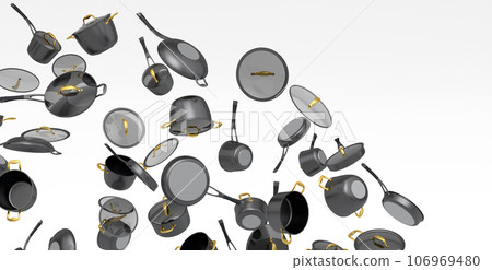 Many of flying frying pan with glass lid on white background, non-stick Many of flying frying pan with glass lid on white background, non-stick 106969480