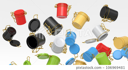 Many of flying glass jars for coffee beans isolated on white background. Many of flying glass jars for coffee beans isolated on white background. 106969481