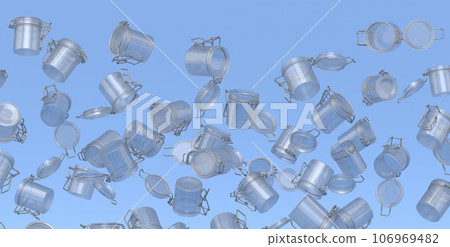 Many of flying glass jars for coffee beans isolated on blue background. Many of flying glass jars for coffee beans isolated on blue background. 106969482