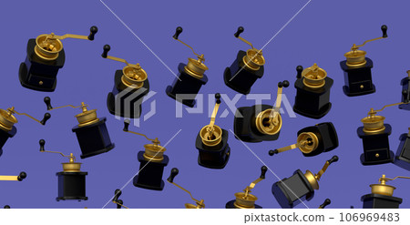 Many of flying manual wooden coffee grinder on violet background. Many of flying manual wooden coffee grinder on violet background. 106969483