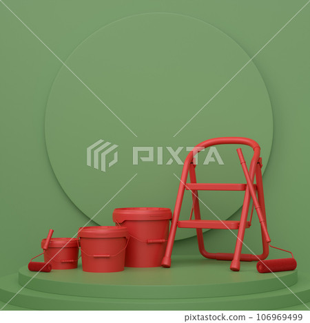 Abstract scene with folding ladder, bucket and paint roller on monochrome 106969499
